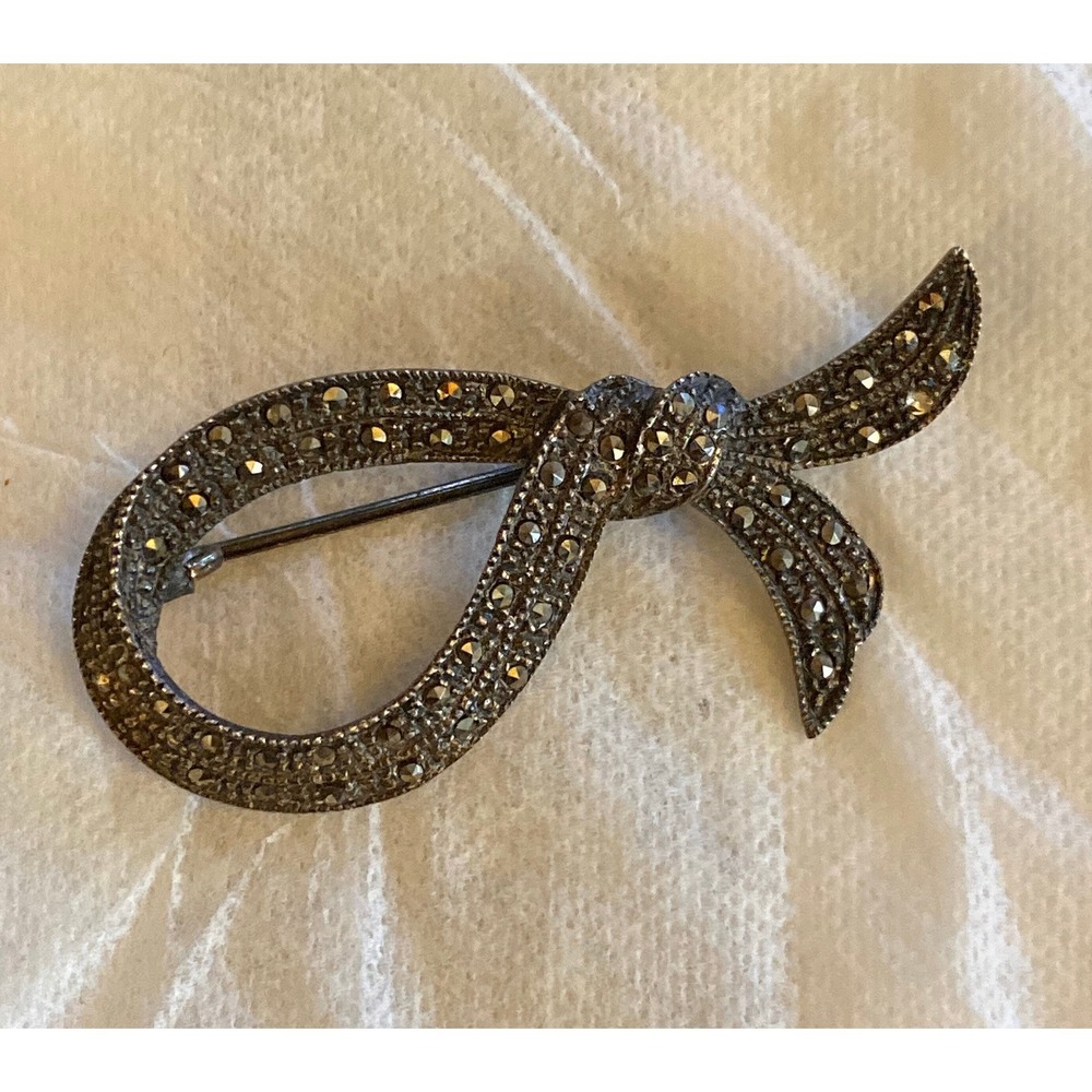 Vtg Sterling & Marcasite Ribbon Bow Pin Deco